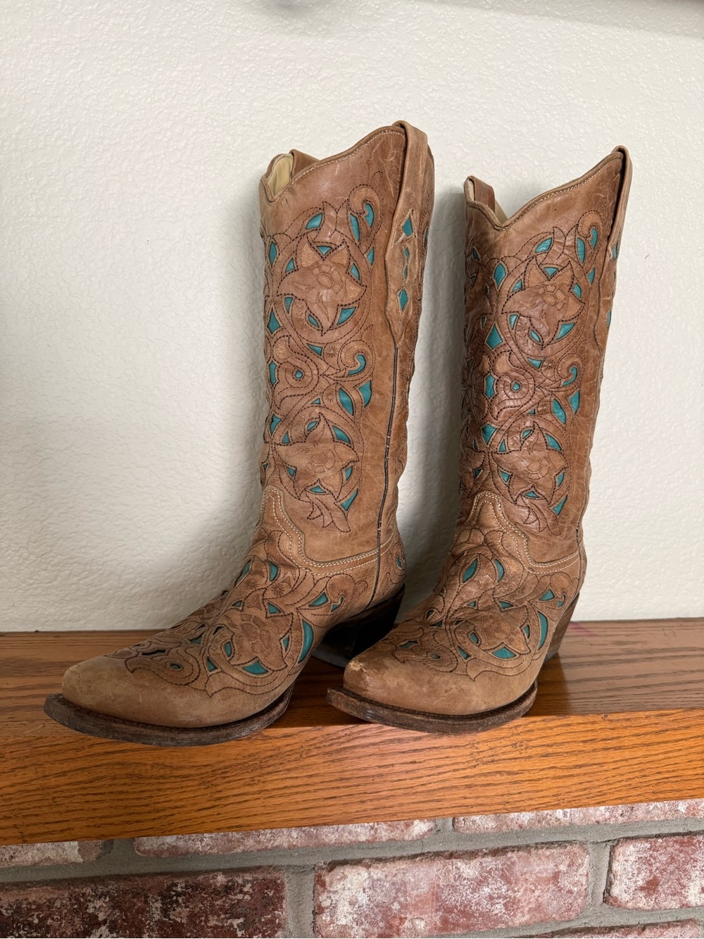 Women's Brown Suede Western Boots with Turquoise Inlay
